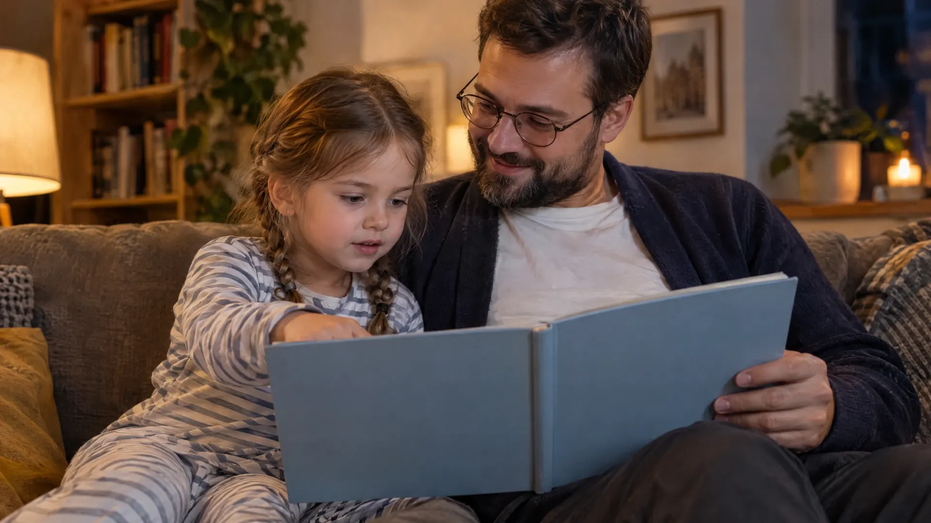 Un tată cu ochelari și barbă și fiica lui de vreo cinci ani, în pijama cu dungi, citesc pe canapea o carte ilustrată ținută deschisă spre ei; fetița arată cu degetul ceva din pagină.