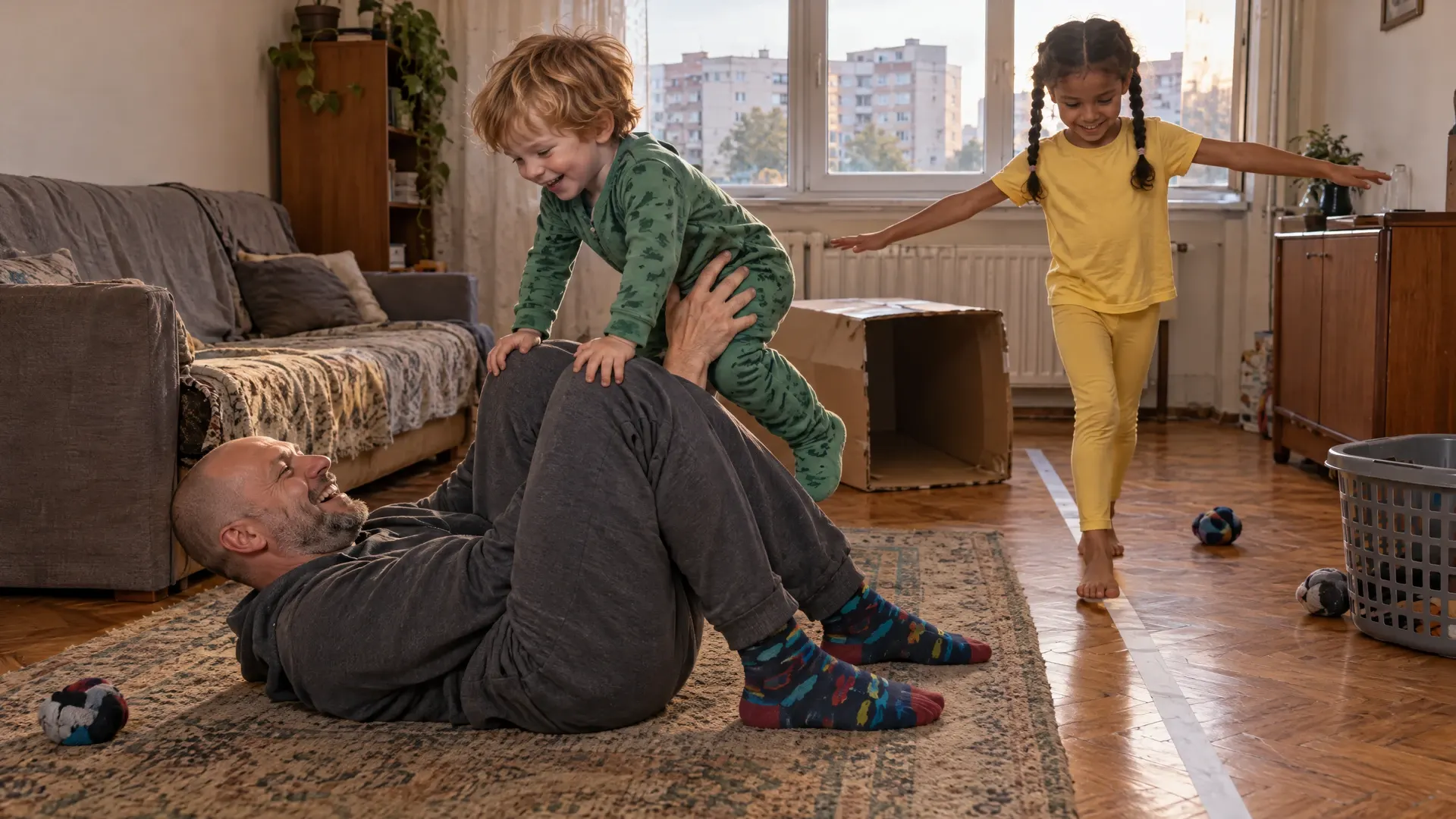 Un tată întins pe covorul din sufragerie râde în timp ce băiețelul în pijama verde se cațără peste genunchii lui, iar o fetiță merge cu brațele întinse pe o bandă de hârtie lipită pe parchet.